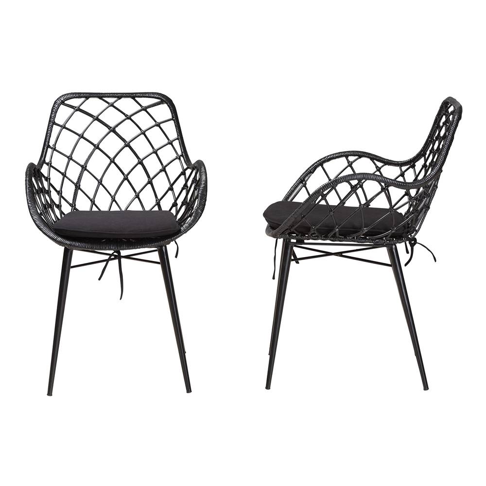 Ballerina Modern Wicker Fair Black Finished Rattan and Metal 2-Piece Dining Chair Set
