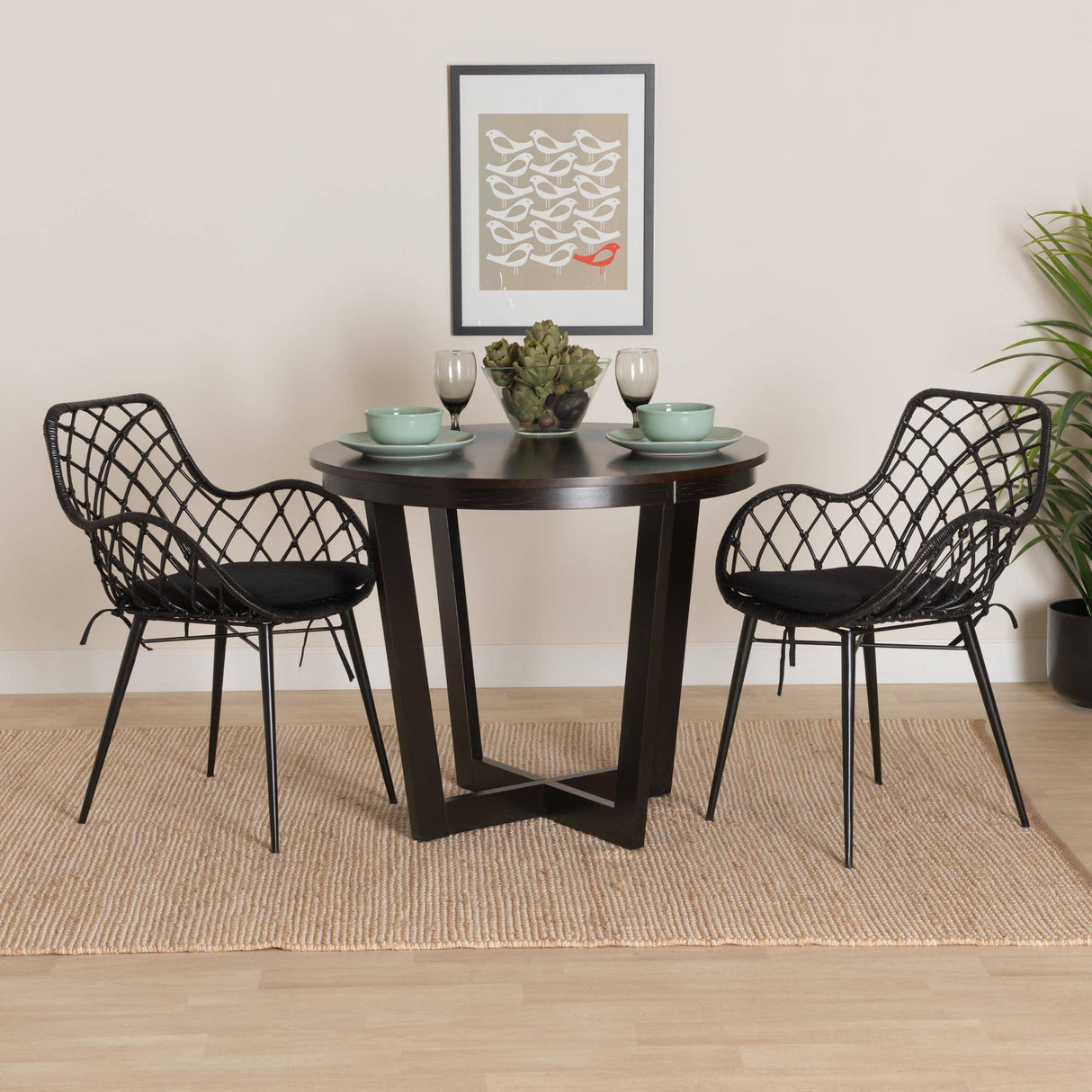 Ballerina Modern Wicker Fair Black Finished Rattan and Metal 2-Piece Dining Chair Set