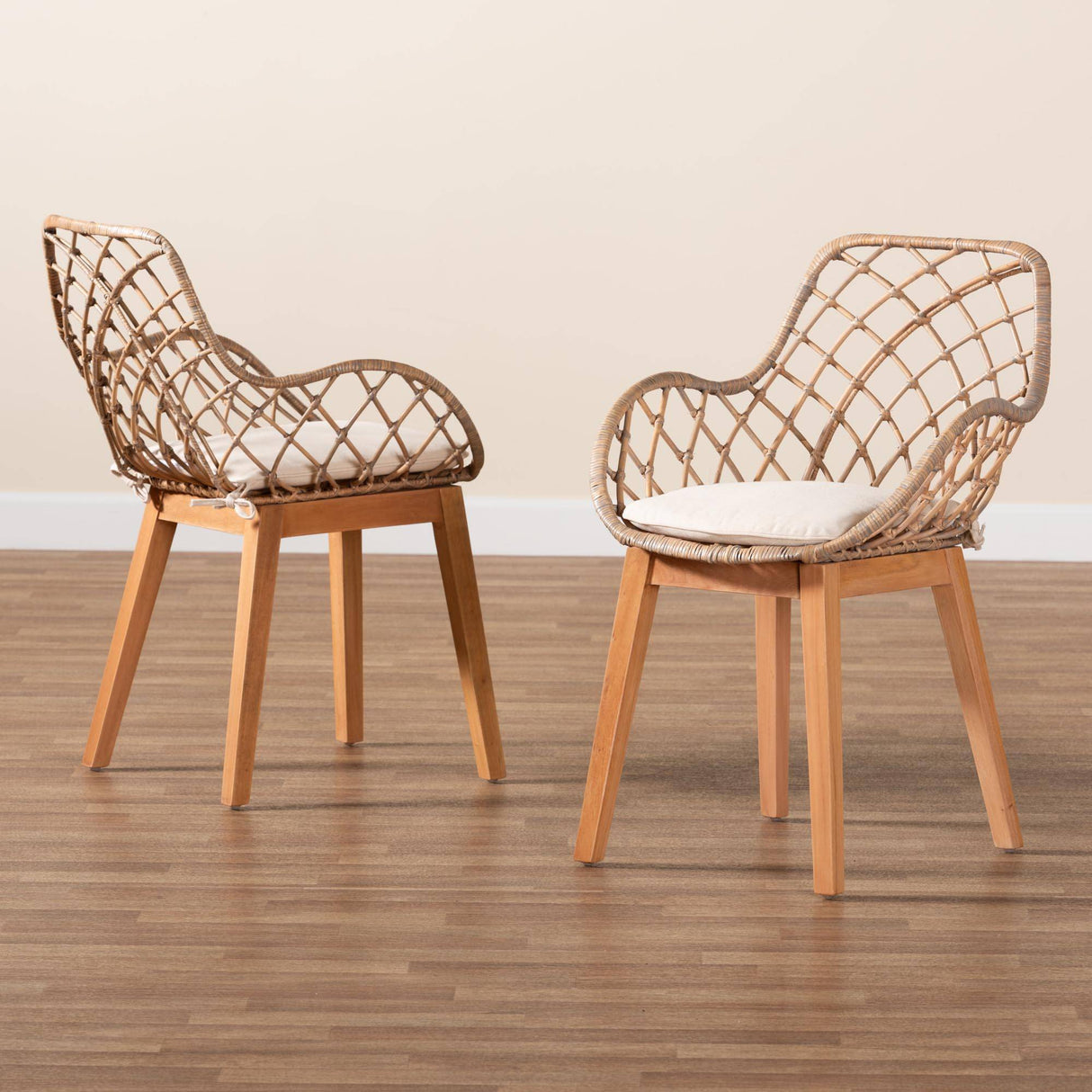 Ballerina Modern Wicker Fair Greywashed Rattan and Natural Brown Finished Wood 2-Piece Dining Chair Set