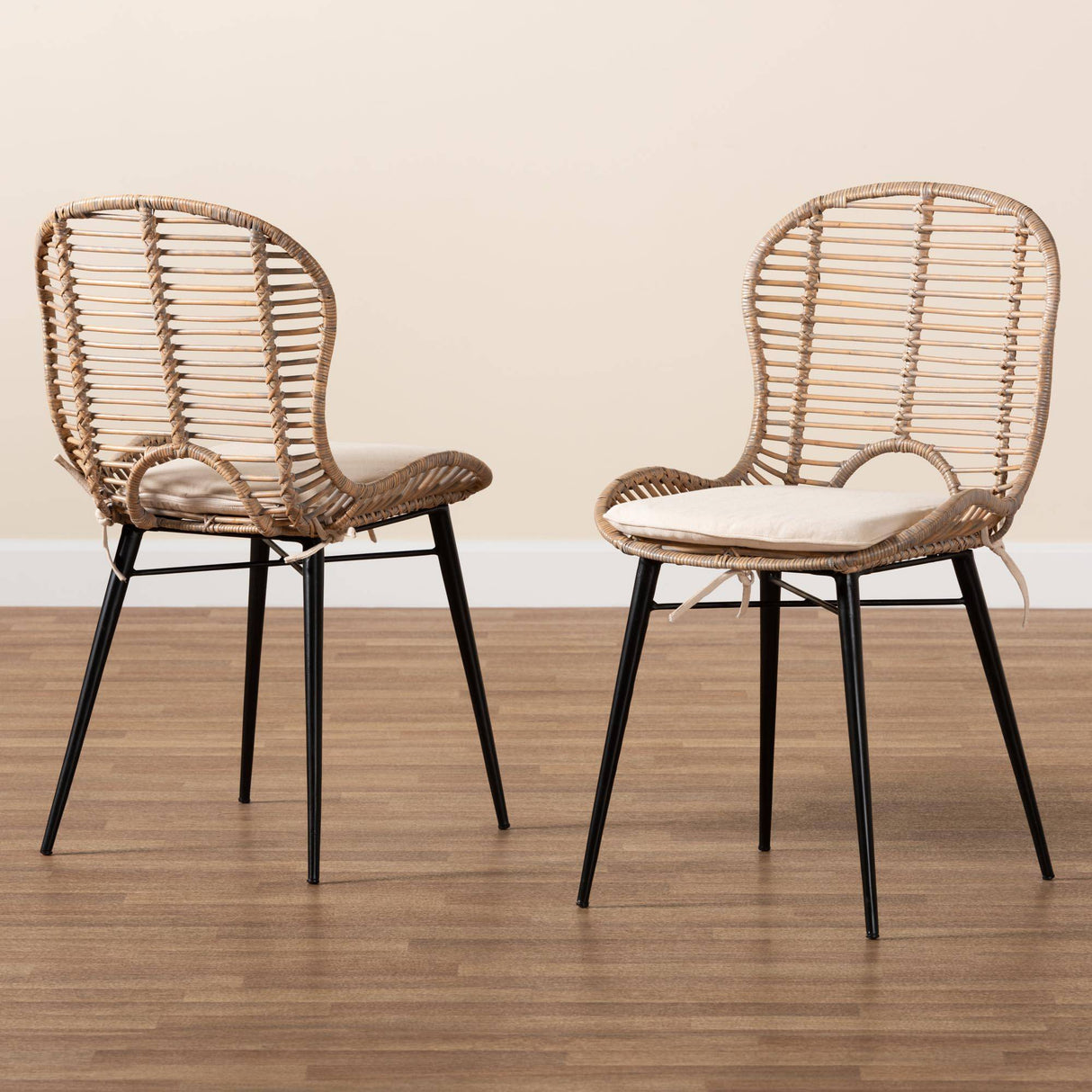 Brenna Modern Wicker Fair Greywashed Rattan and Black Metal 2-Piece Dining Chair Set