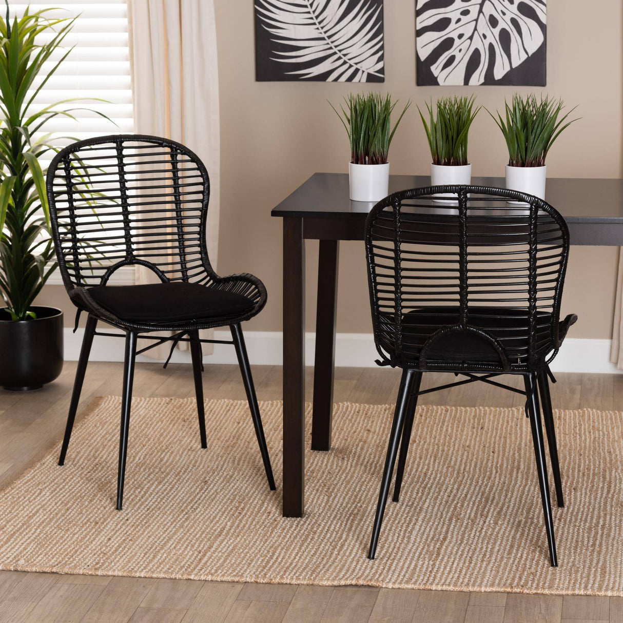 Brenna Modern Wicker Fair Black Finished Rattan and Metal 2-Piece Dining Chair Set
