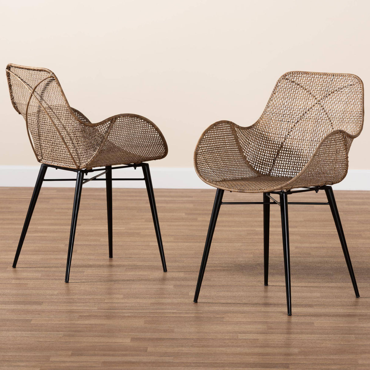 Ballerina Modern Wicker Fair Greywashed Rattan and Black Metal 2-Piece Dining Chair Set