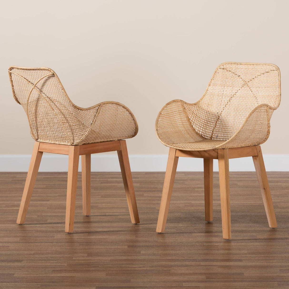 Ballerina Japandi Natural Brown Finished Mahogany Wood and Rattan 2-Piece Dining Chair Set