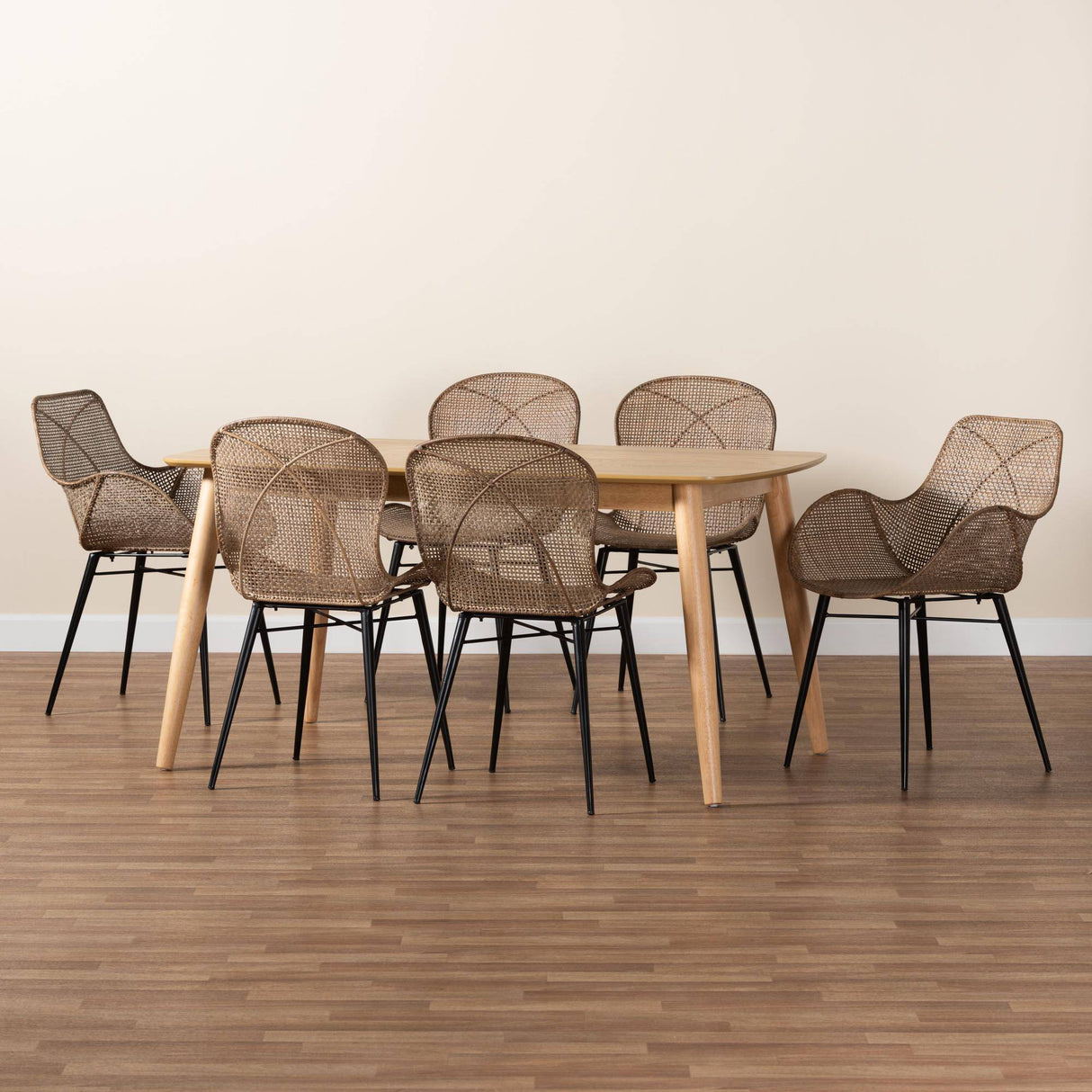 Emmali Modern Wicker Fair Greywashed Rattan and Natural Brown Finished Wood 7-Piece Dining Set