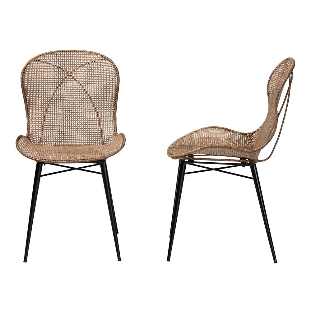 Sabelle Japandi Greywashed Rattan and Black Metal 2-Piece Dining Chair Set