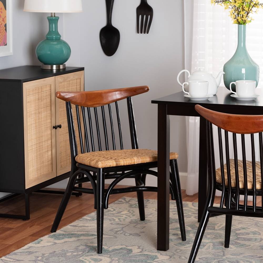 Parthenia Mid-Century Modern Two-Tone Black and Walnut Brown Finished Mahogany Wood and Natural Rattan Dining Chair