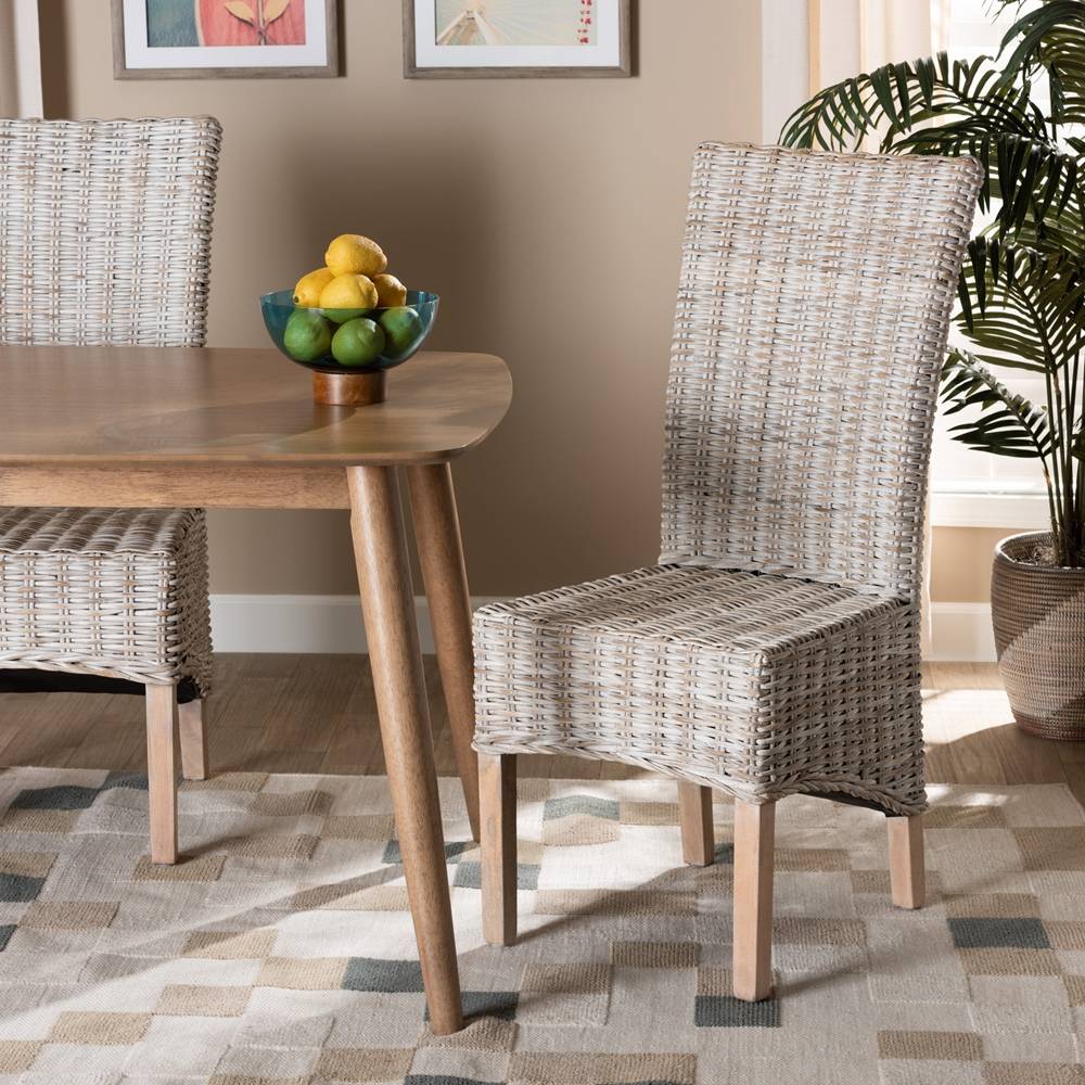 Trianna Rustic Transitional Whitewashed Rattan and Natural Brown Finished Wood Dining Chair