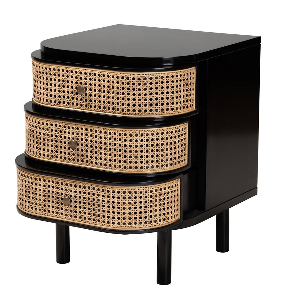 Nabila Modern Wicker Fair Black Bayur Wood and Natural Rattan 3-Drawer End Table Nightstand
