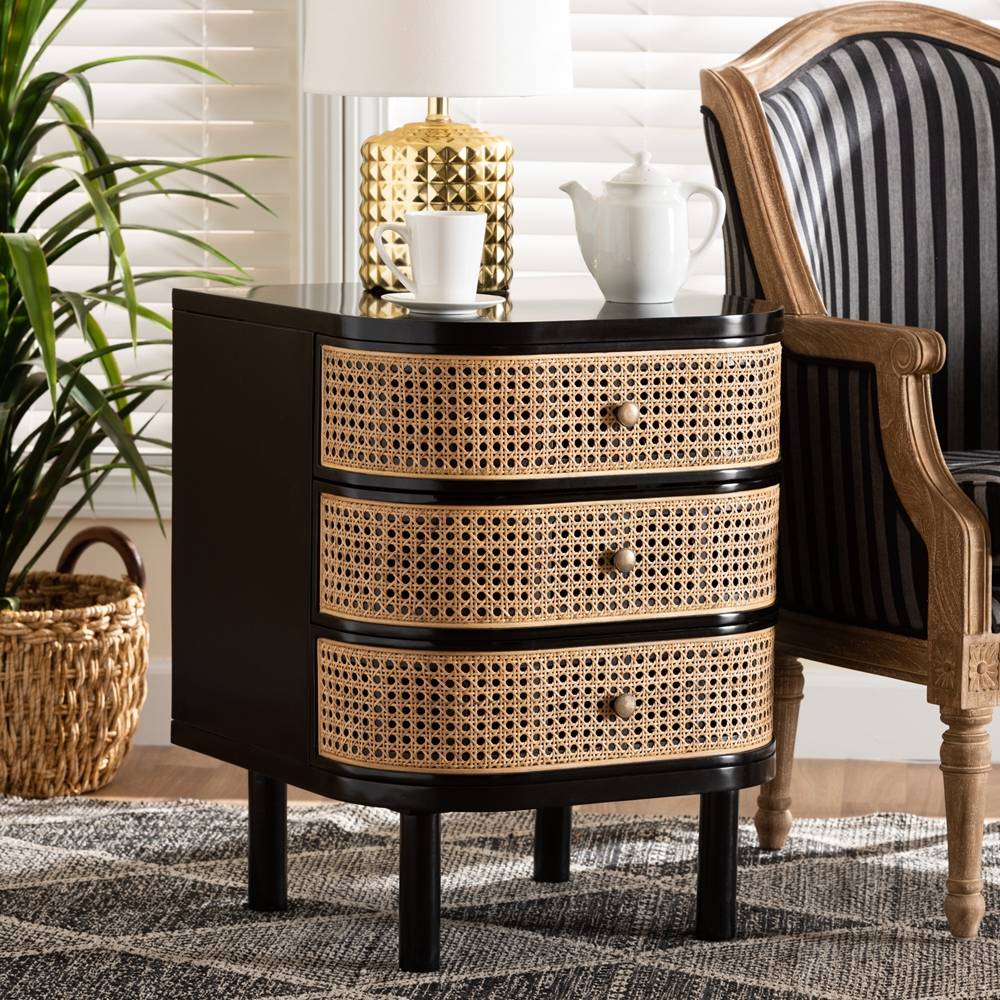 Nabila Modern Wicker Fair Black Bayur Wood and Natural Rattan 3-Drawer End Table Nightstand