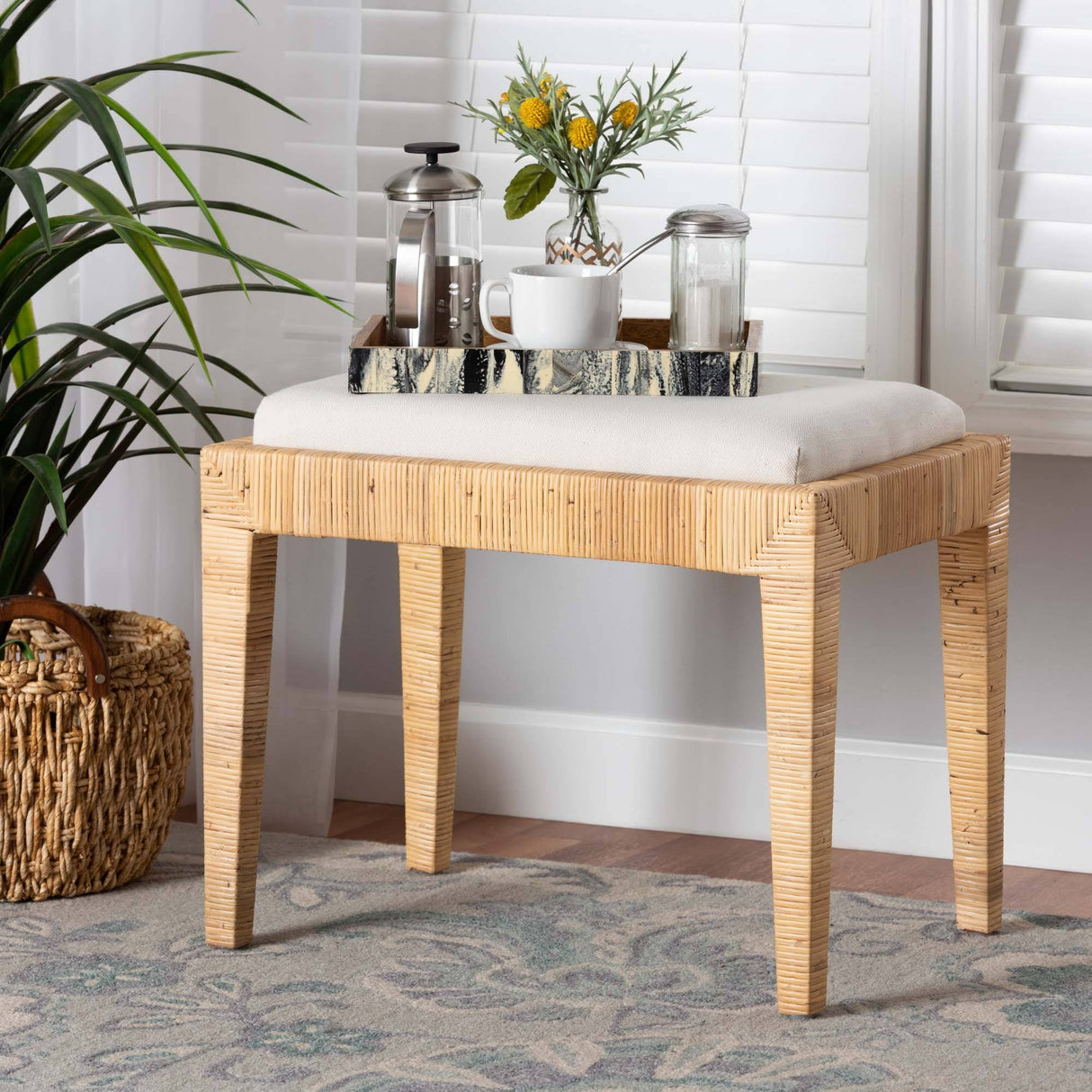Sofia Modern Wicker Fair Natural Brown Rattan and Mahogany Wood Ottoman