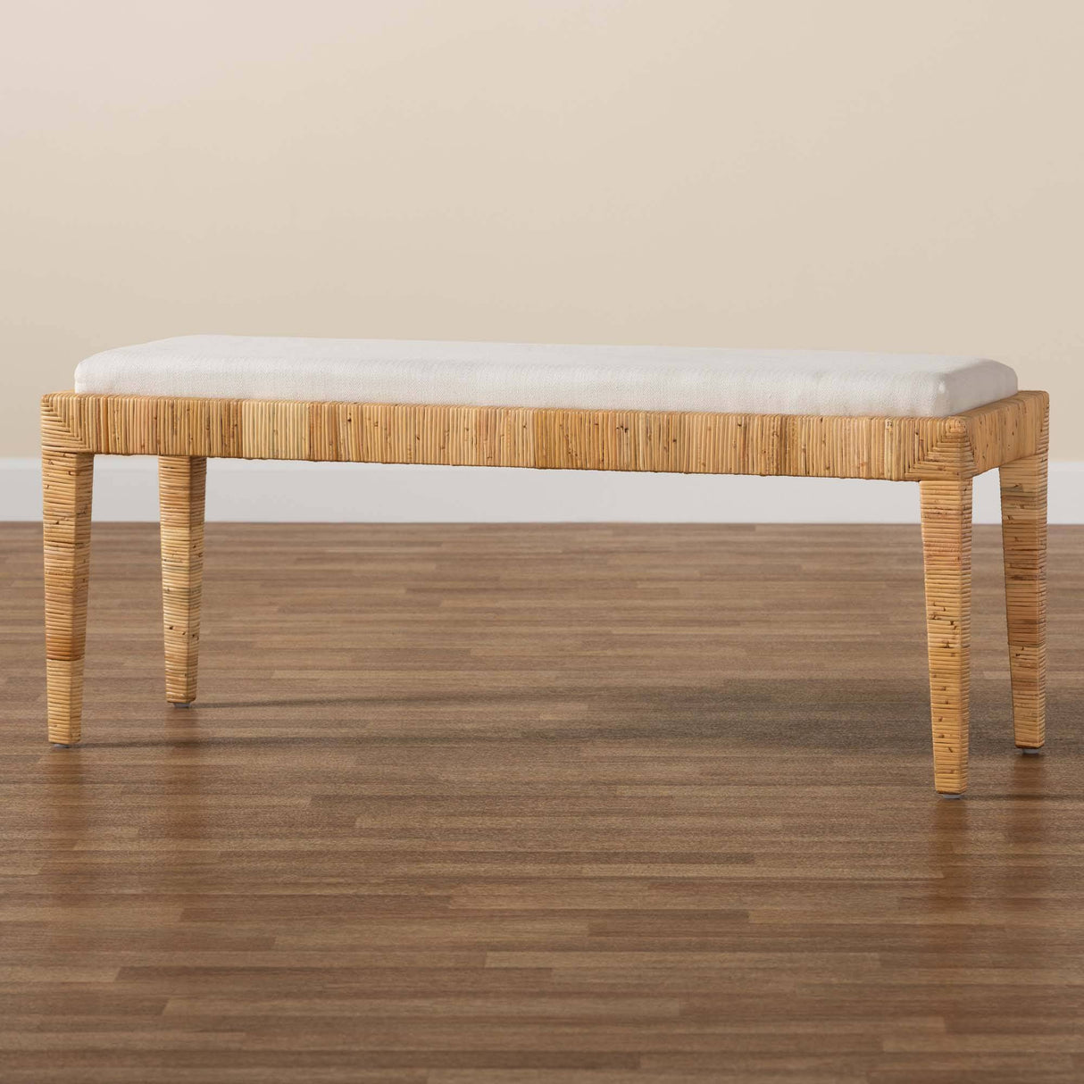 Sofia Modern Wicker Fair Natural Brown Rattan and Mahogany Wood Bench