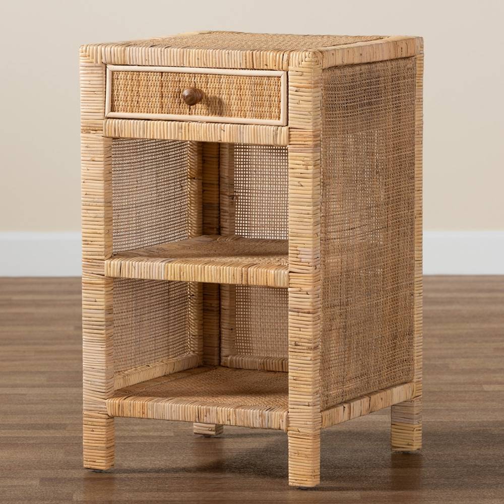Bella Modern Wicker Fair Natural Brown Mahogany Wood and Natural Rattan 1-Drawer Nightstand