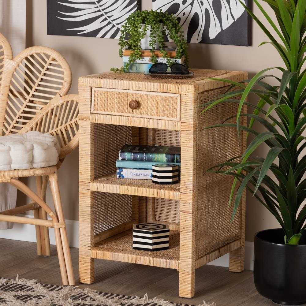 Bella Modern Wicker Fair Natural Brown Mahogany Wood and Natural Rattan 1-Drawer Nightstand