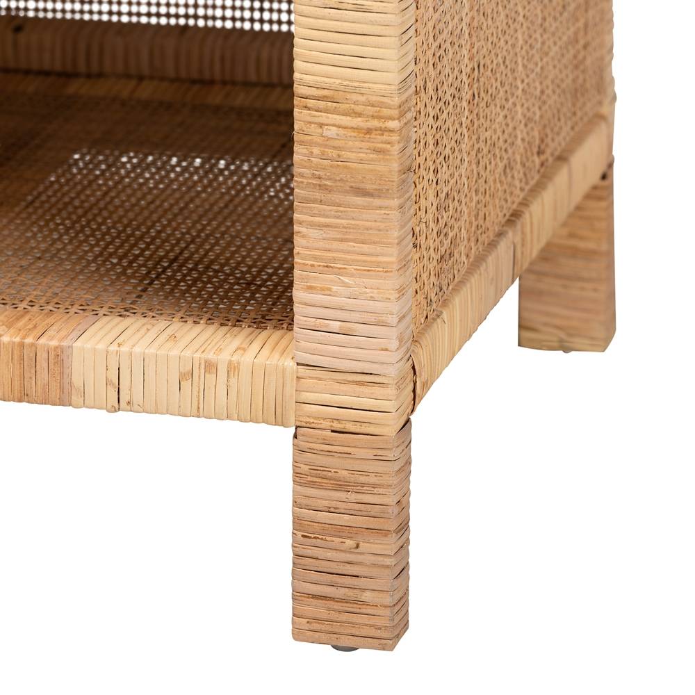 Bella Modern Wicker Fair Natural Brown Mahogany Wood and Natural Rattan 1-Drawer Console Table