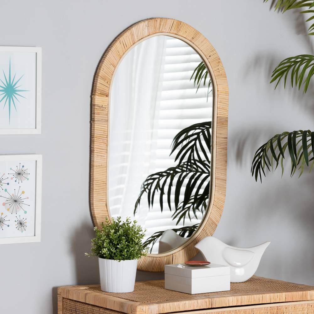 Bella Modern Wicker Fair Natural Brown Mahogany Wood and Natural Rattan Oval Mirror