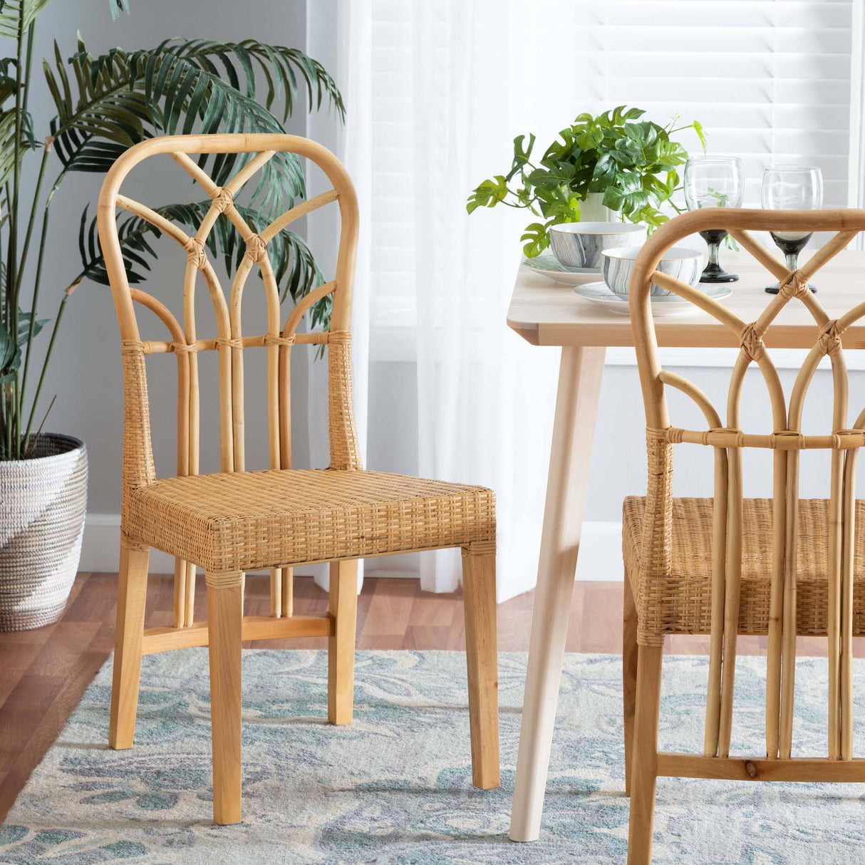 Monaco Modern Wicker Fair Oak Brown Finished Mahogany Wood and Natural Rattan Dining Chair