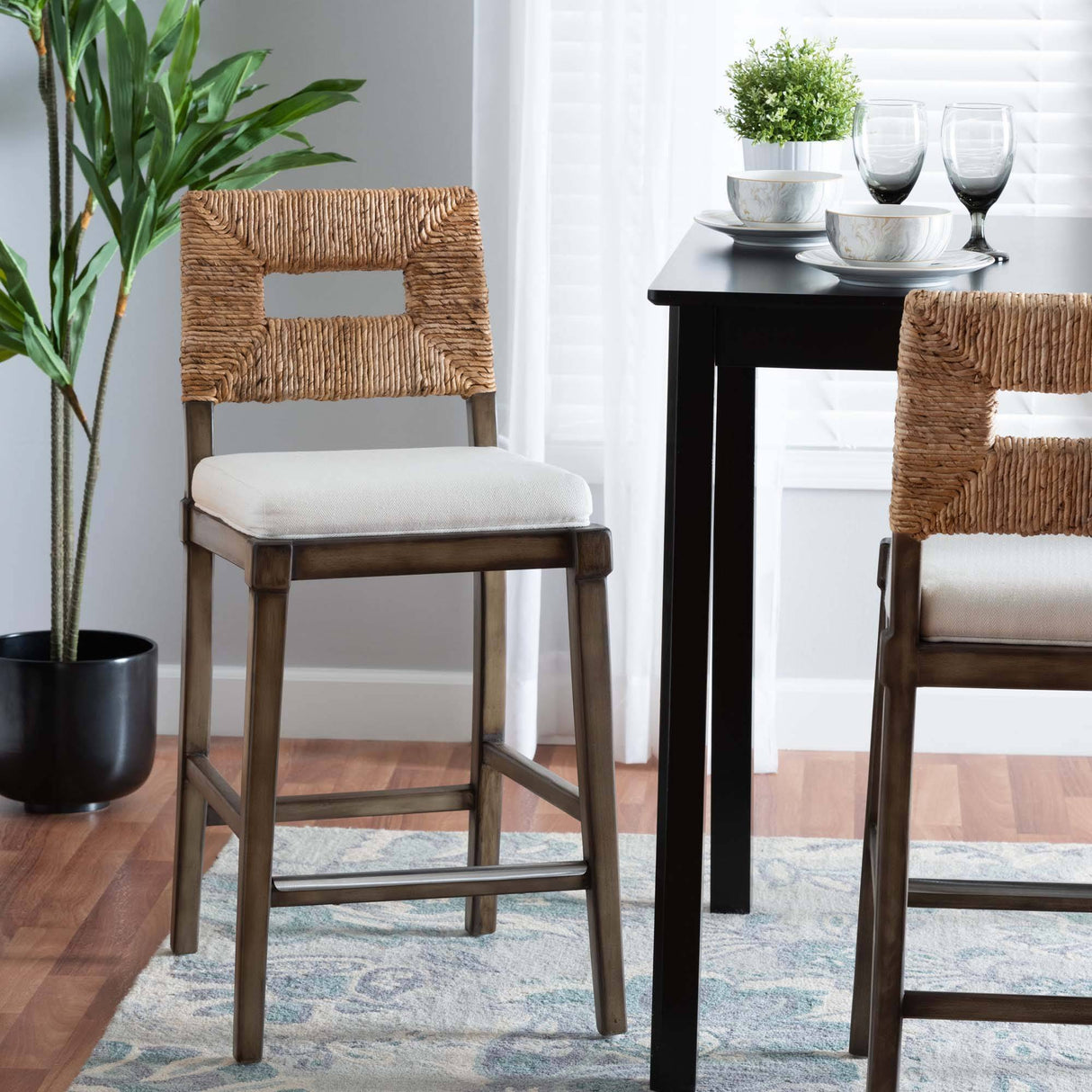Porsha Modern Wicker Fair Dark Brown Finished Mahogany Wood and Natural Rattan Counter Stool