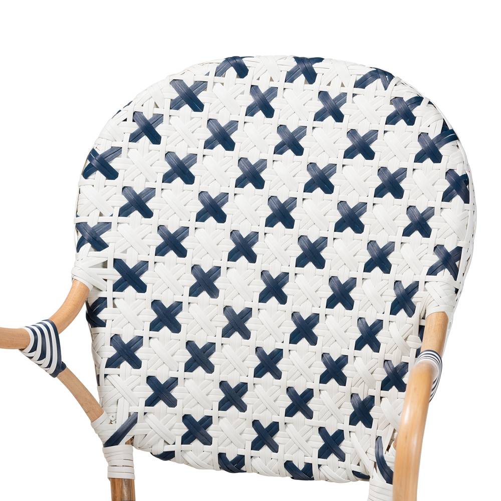 Bryson Modern French Blue and White Weaving and Natural Rattan Bistro Chair