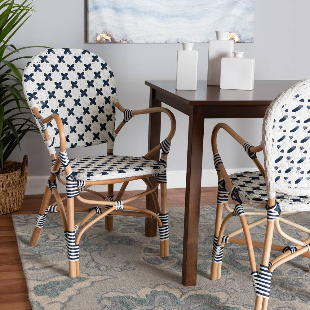Bryson Modern French Blue and White Weaving and Natural Rattan Bistro Chair