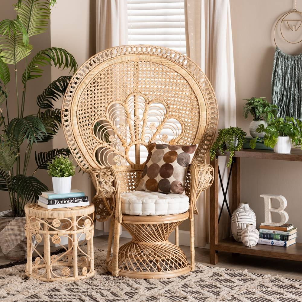 Ediva Modern Wicker Fair Natural Brown Rattan Peacock Accent Chair
