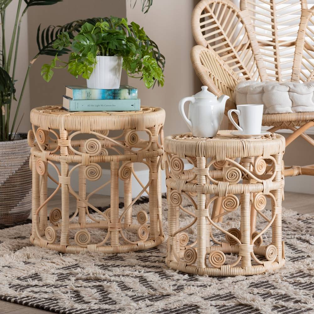 Bowie Modern Wicker Fair Natural Brown Rattan 2-Piece Nesting End Table Set