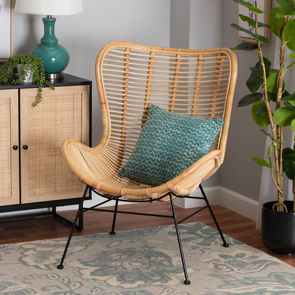 Colorado Modern Wicker Fair Natural Brown Rattan and Black Metal Accent Chair