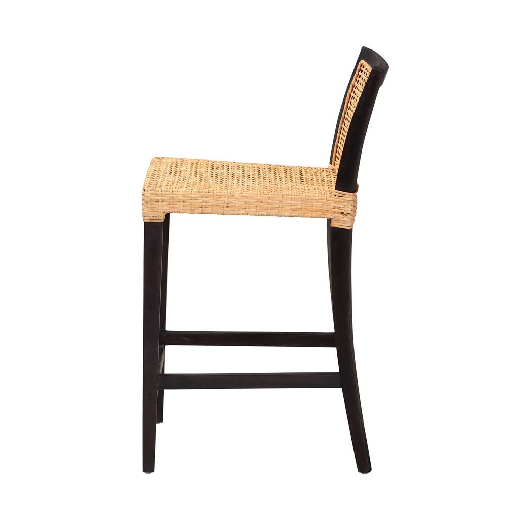 Lingga Modern Wicker Fair Dark Brown Mahogany Wood and Natural Rattan Counter Stool