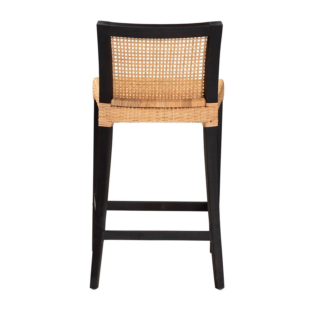 Lingga Modern Wicker Fair Dark Brown Mahogany Wood and Natural Rattan Counter Stool