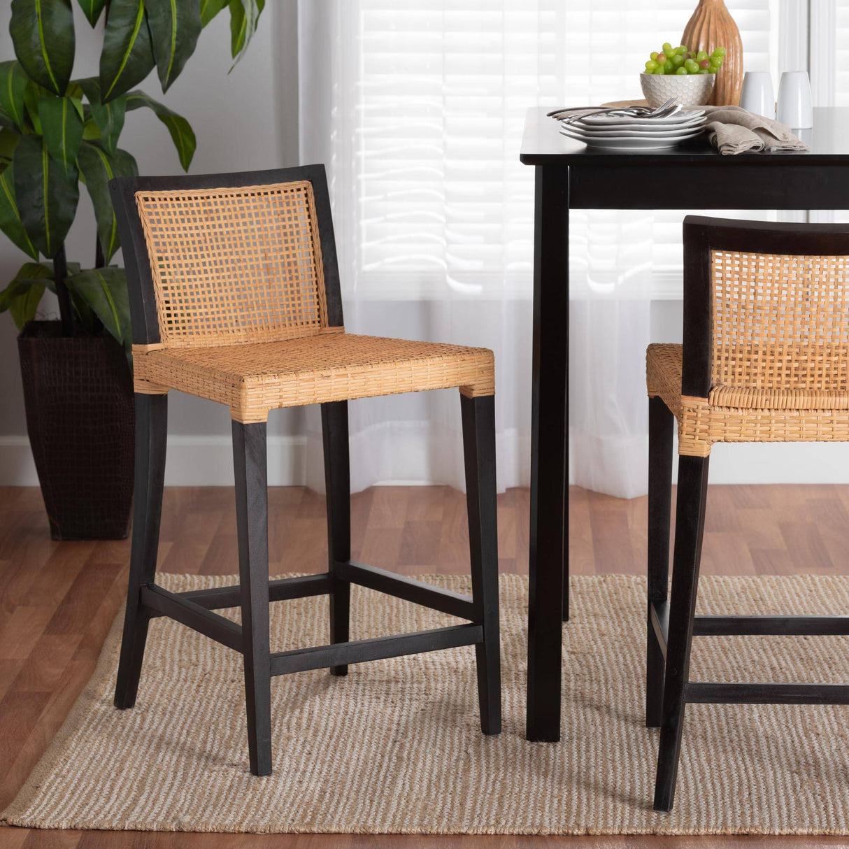 Lingga Modern Wicker Fair Dark Brown Mahogany Wood and Natural Rattan Counter Stool