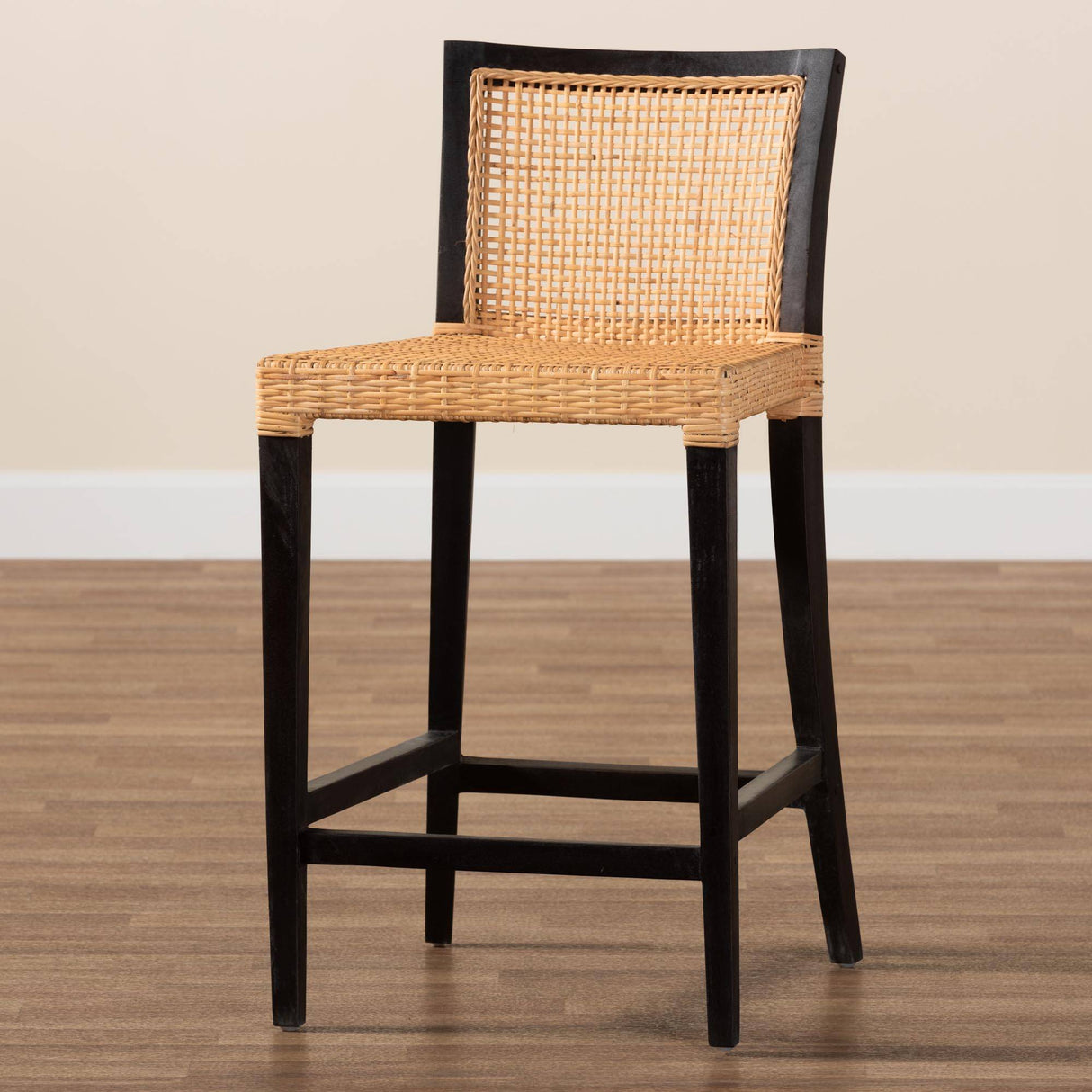 Lingga Modern Wicker Fair Dark Brown Mahogany Wood and Natural Rattan Counter Stool