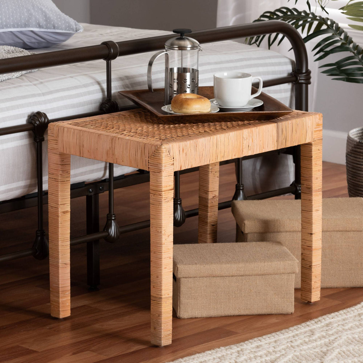 Abelia Modern Wicker Fair Natural Rattan and Mahogany Wood Short Accent Bench