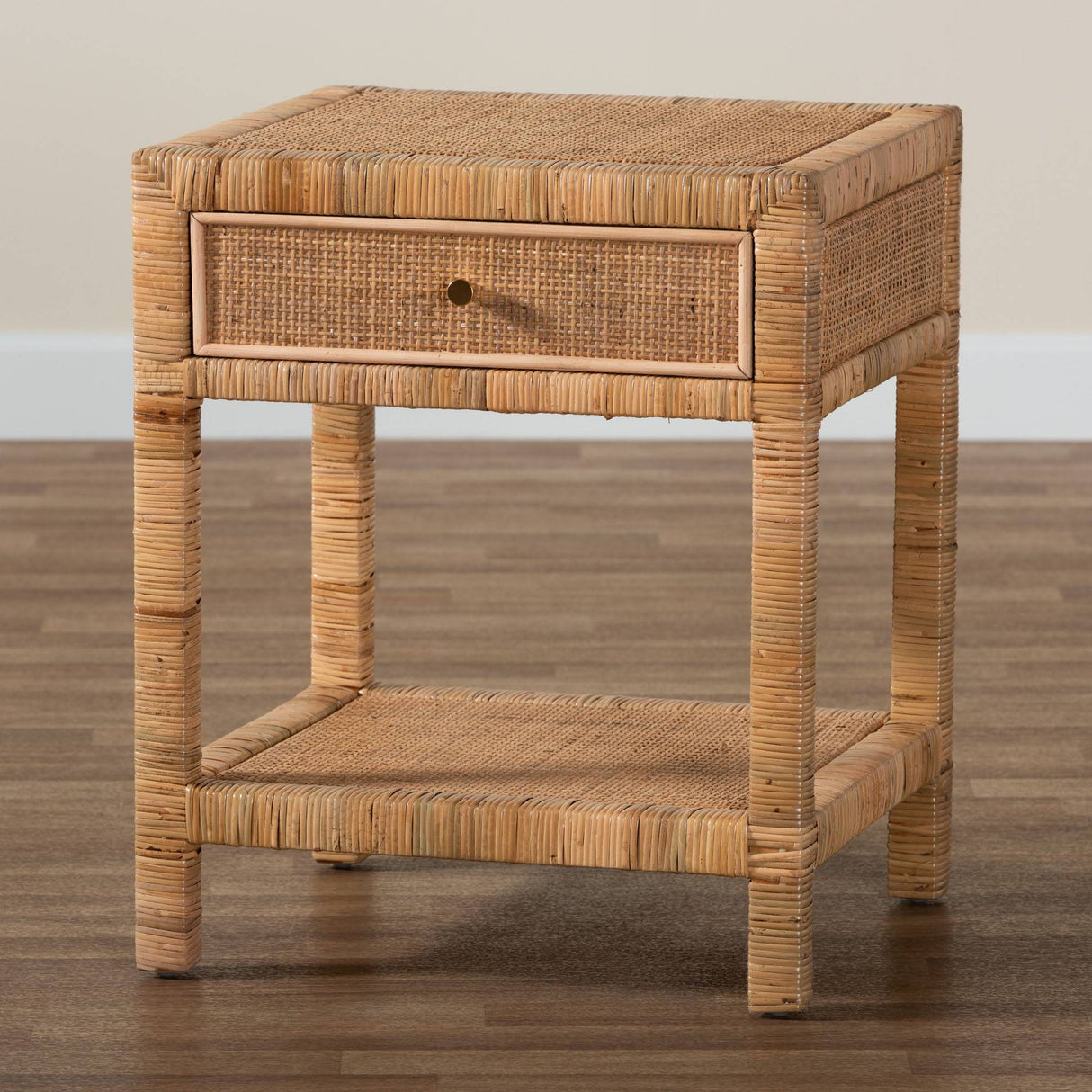 Adelia Modern Wicker Fair Natural Rattan and Mahogany Wood 1-Drawer Nightstand