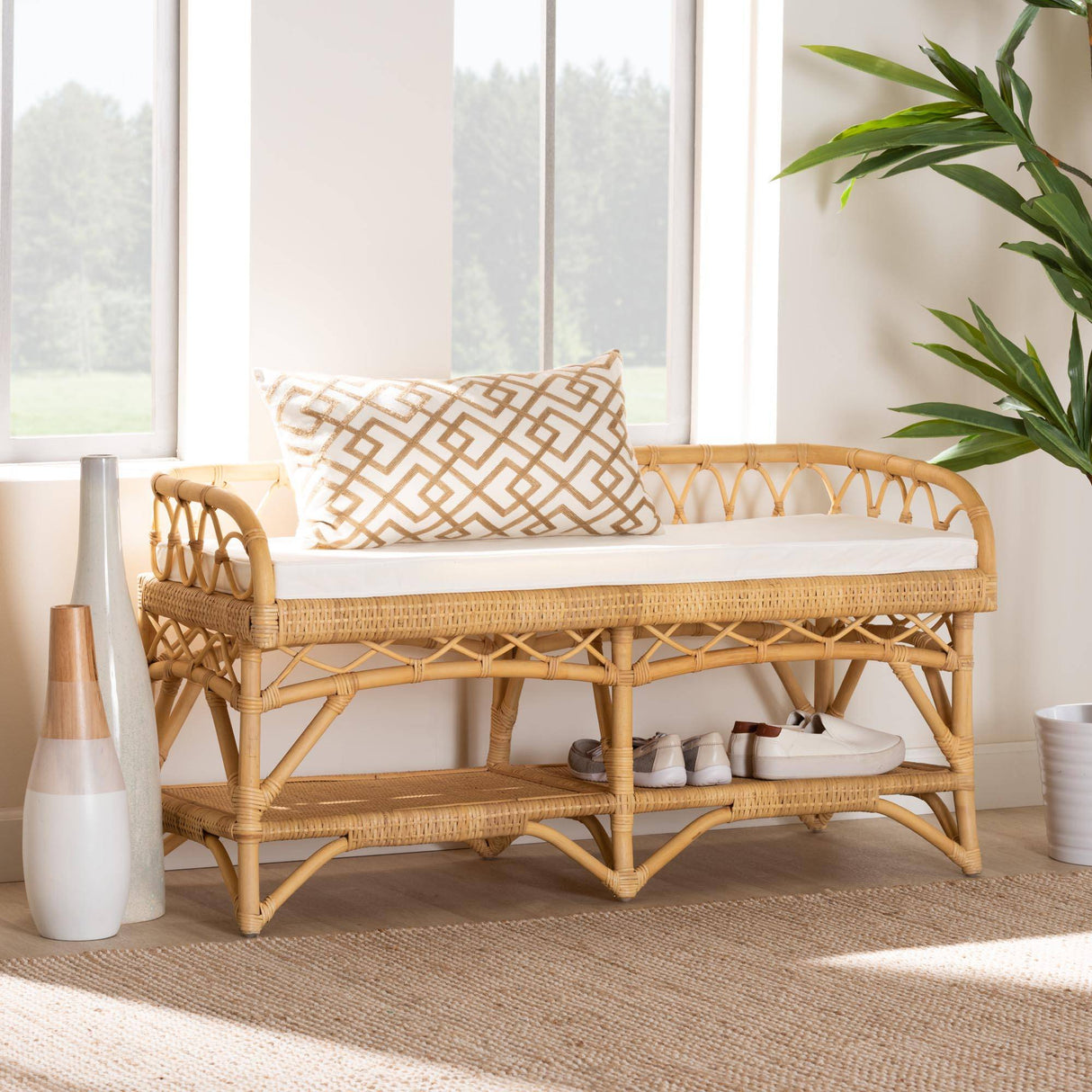 Leryn Modern Wicker Fair Natural Brown Rattan Bench
