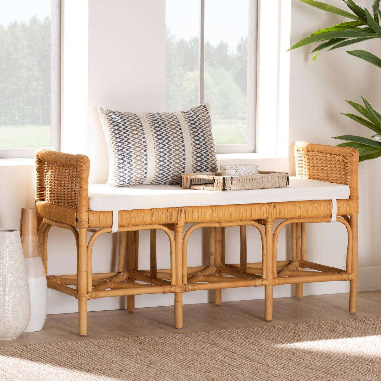 Nairi Modern Wicker Fair Natural Brown Rattan Bench