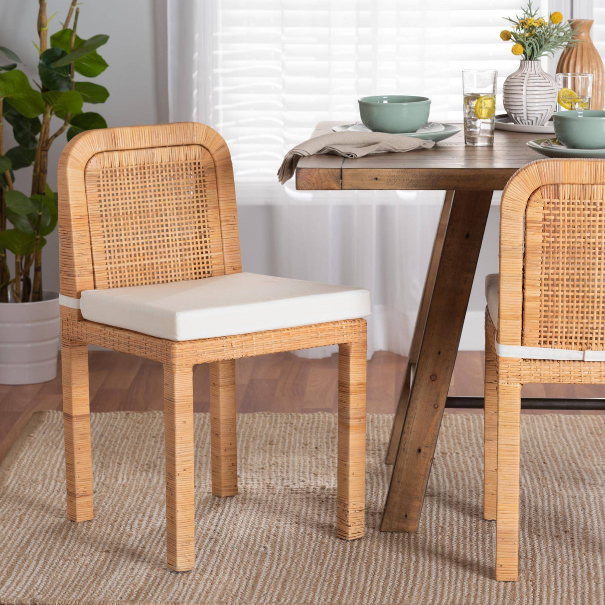 Zariah Modern Wicker Fair Natural Brown Rattan and Mahogany Wood 2-Piece Dining Chair Set