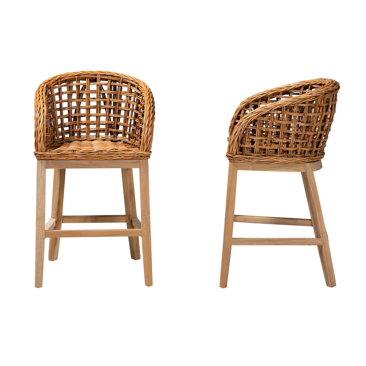 Mario Modern Wicker Fair Natural Brown Finished Teak Wood and Rattan 2-Piece Counter Stool Set