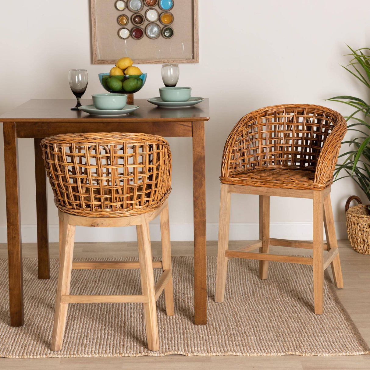 Mario Modern Wicker Fair Natural Brown Finished Teak Wood and Rattan 2-Piece Counter Stool Set
