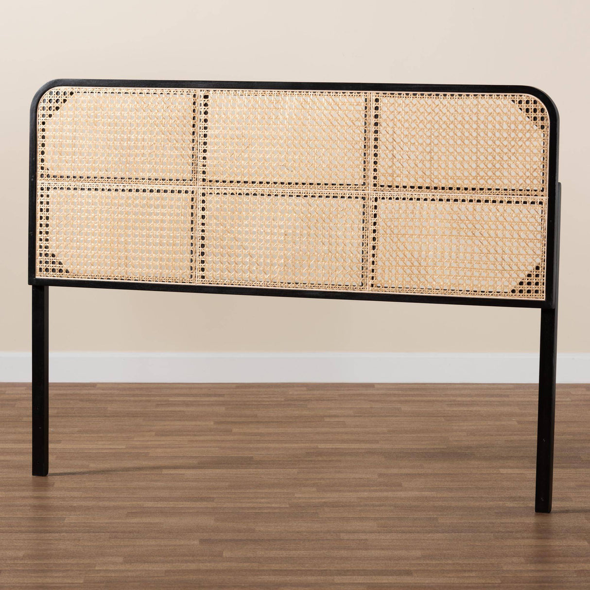 Lainer Modern Wicker Fair Black Finished Bayur Wood and Natural Bamboo Queen Size Headboard