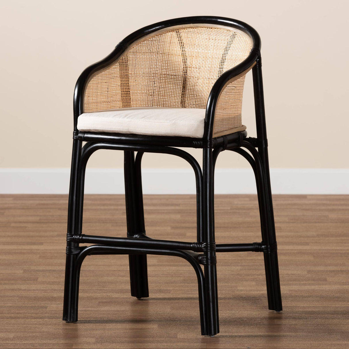 Miranda Modern Wicker Fair Two-Tone Black and Natural Brown Rattan Counter Stool