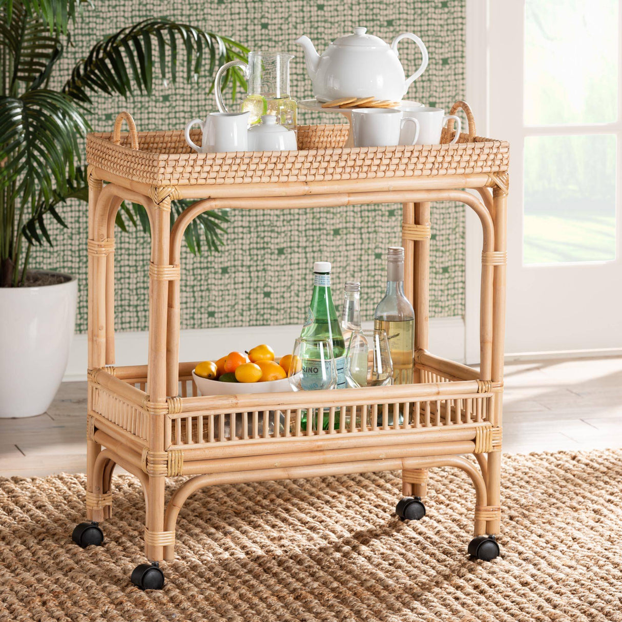 Lombok Modern Wicker Fair Natural Brown Rattan Bar Wine Cart