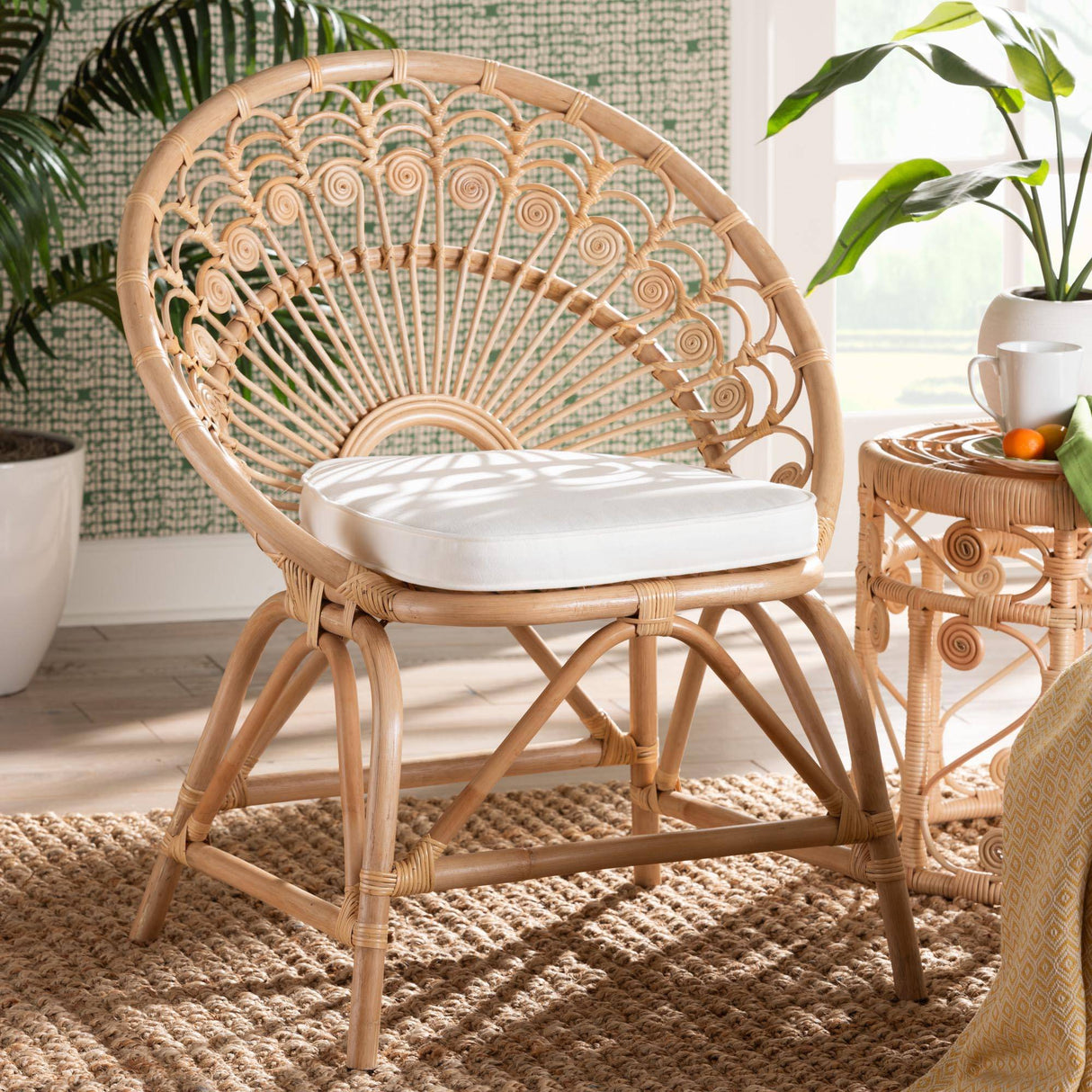 Abriella Modern Wicker Fair Natural Brown Rattan Peacock Accent Chair