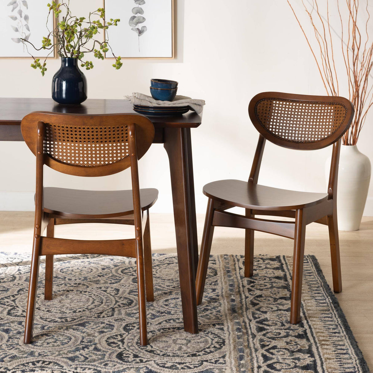 Hesper Mid-Century Modern Walnut Brown Finished Wood and Rattan 2-Piece Dining Chair Set