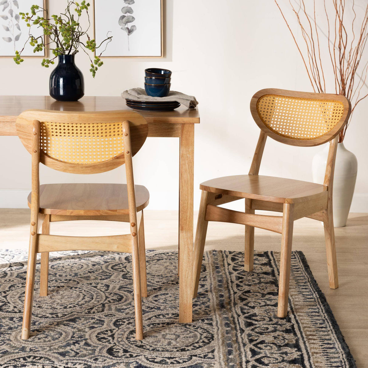Nenet Mid-Century Modern Oak Brown Finished Wood and Rattan 2-Piece Dining Chair Set