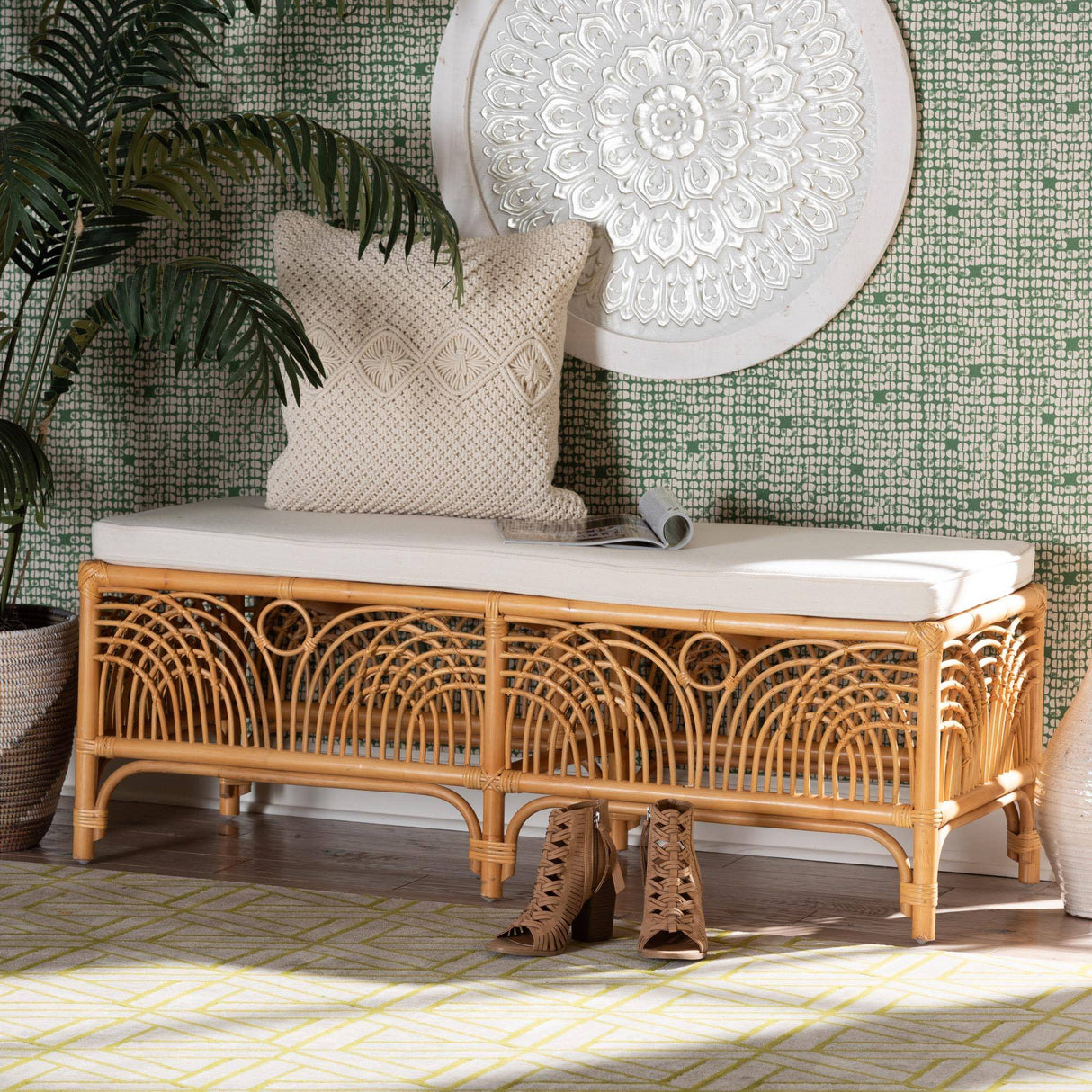 Materra Modern bohemian Natural Brown Rattan Bench