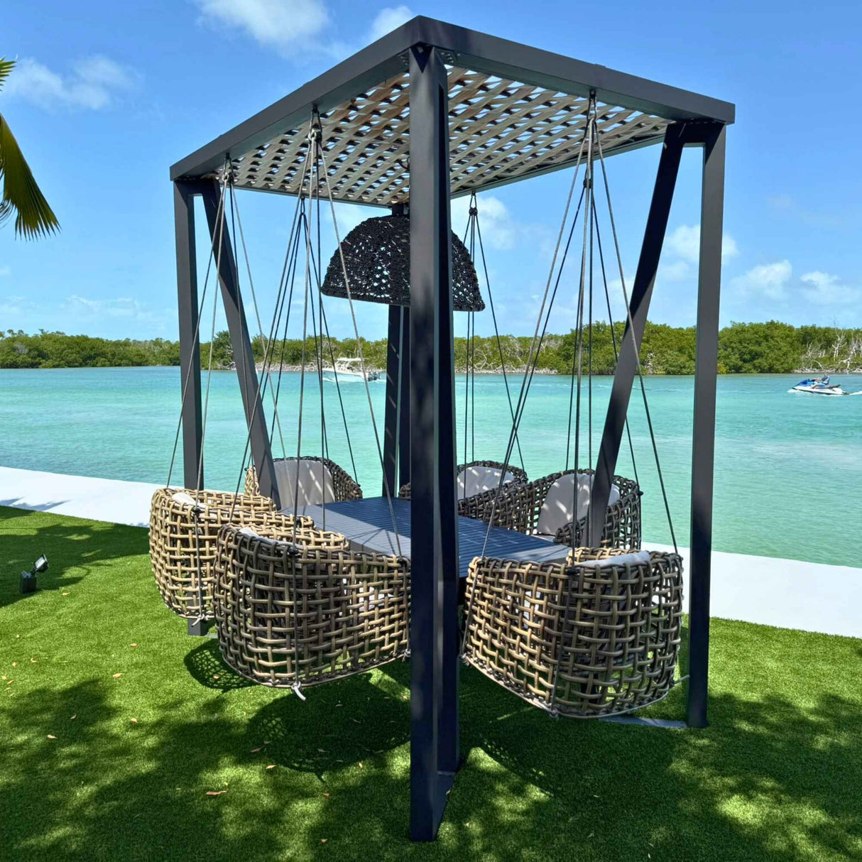 Horizon Outdoor 8FT Pergola with Lamp, Dynasty Hanging Chairs & Aluminum Table Model 22462-ALU-KMNP-CUSH by Skyline Design