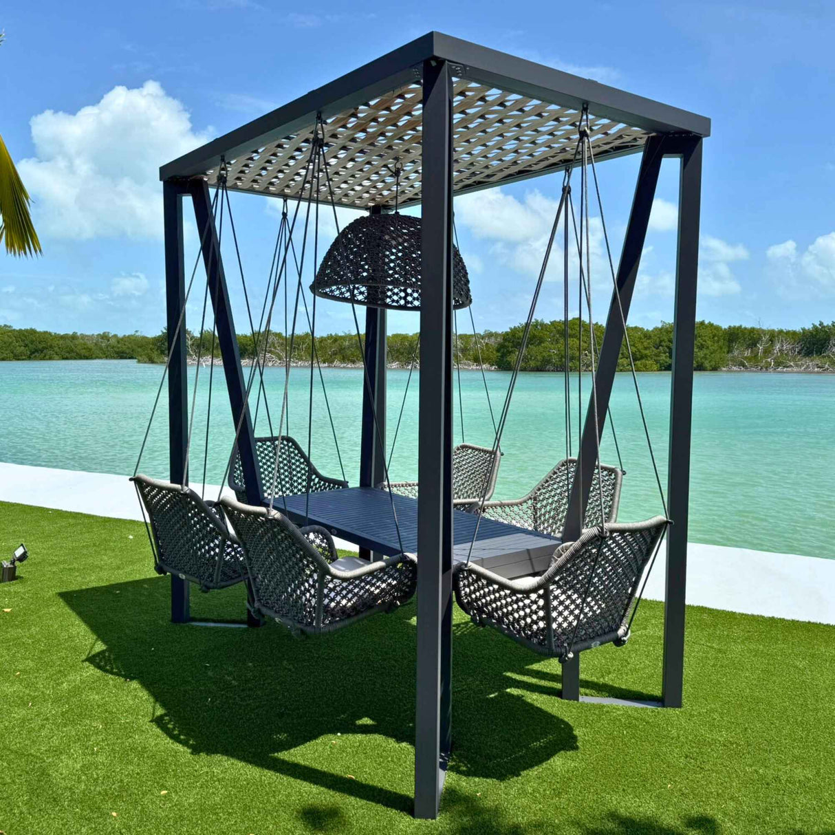 Horizon Outdoor 8FT Pergola with Lamp, Moma Hanging Chairs & Aluminum Table Model 23559-ALU-CUSH by Skyline Design