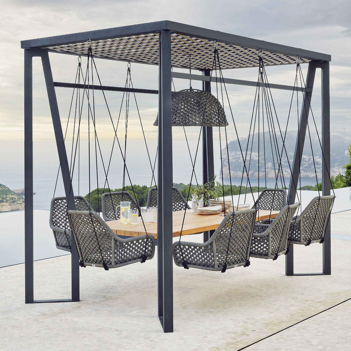 Horizon Outdoor 10FT Pergola with Lamp, Moma Hanging Chairs & Teak Table Model 23559-TEAK-CUSH by Skyline Design