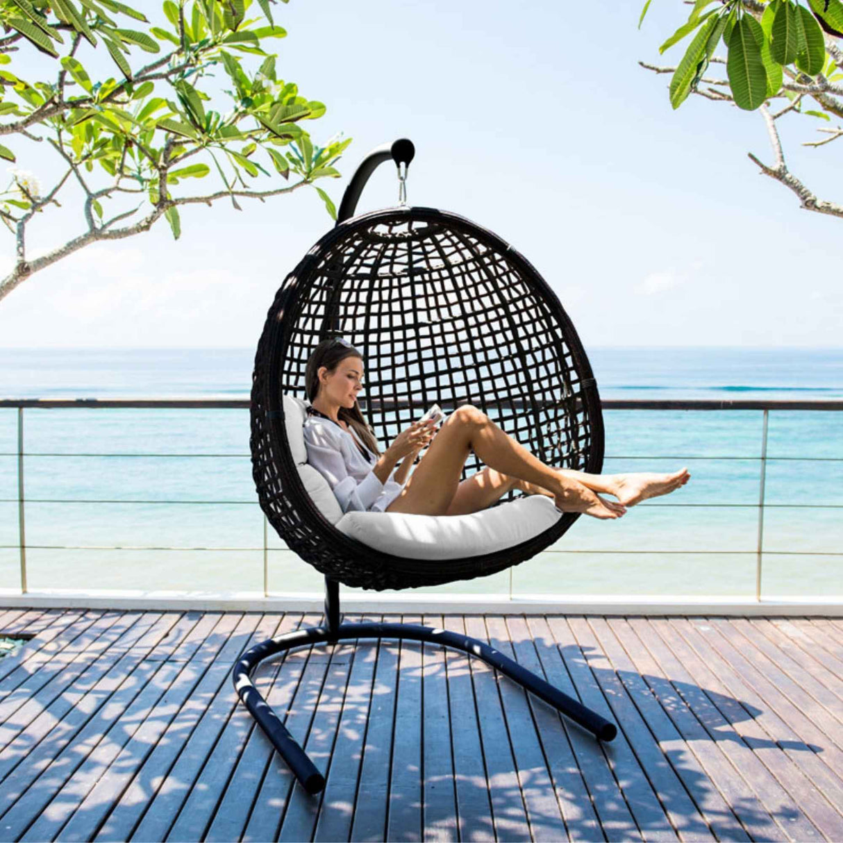 Dynasty Outdoor Hanging Chair with Frame and Sunbrella Cushion Model 23568-BMNP-CUSH by Skyline Design
