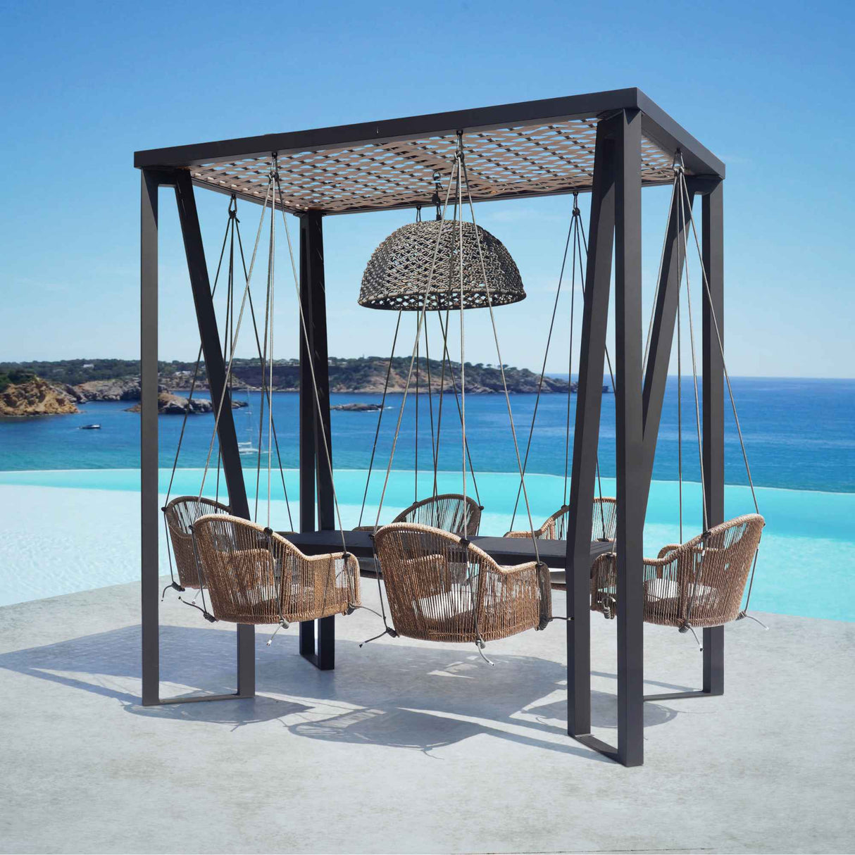 Horizon Outdoor 8FT Pergola with Lamp, Calixto Hanging Chairs & Aluminum Table Model 23832-ALU-CUSH by Skyline Design