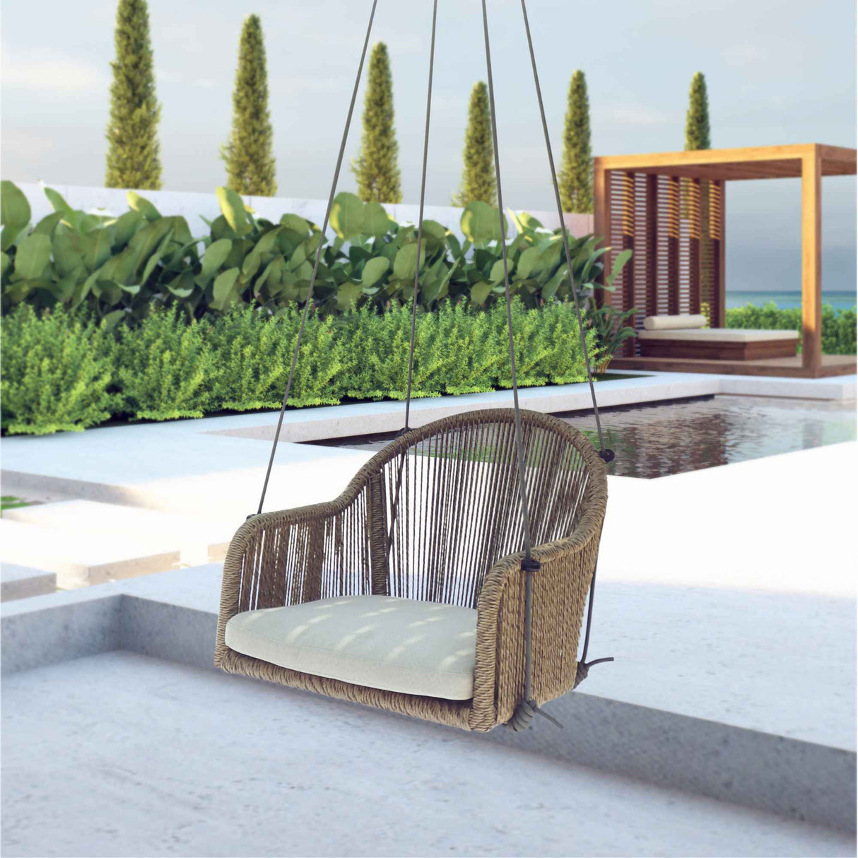 Horizon Outdoor 8FT Pergola with Lamp, Calixto Hanging Chairs & Aluminum Table Model 23832-ALU-CUSH by Skyline Design